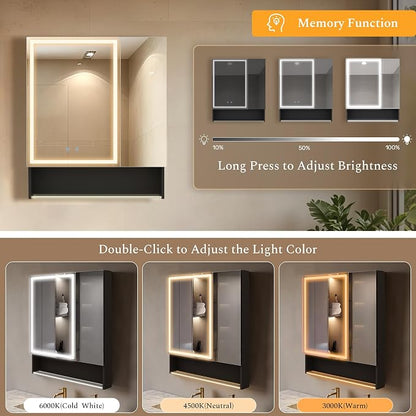 30"×34" Lighted Medicine Mirror Cabinet with Storage Adjustable Brightness 3 Color Temperature Lighting Anti-Fog Sturdy Aluminum Medicine Cabinet with Lights 2 Socket & 2 USB Ports & Adjustable Shelf