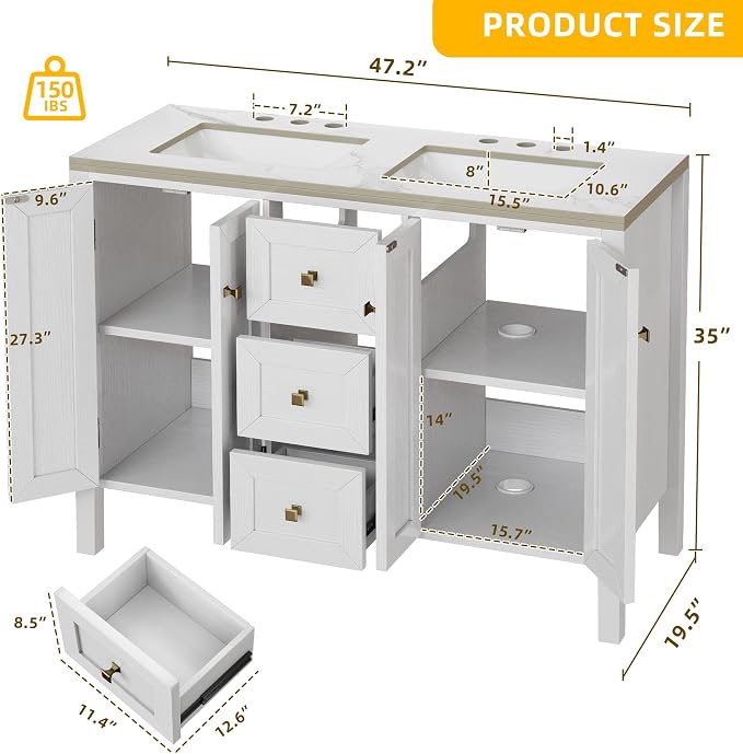 DWVO 47 Inch Bathroom Vanity with Double Sink | Bathroom Storage Cabinet