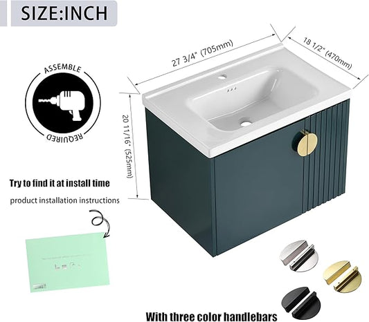 28 Inch Bathroom Vanity with Sink, 28" Floating Vanity with White Glossy Ceramic Sink, Plywood Wooden Bathroom Cabinet with Soft-Close Doors, Modern Wall Mounted Cabinet Set (Green)