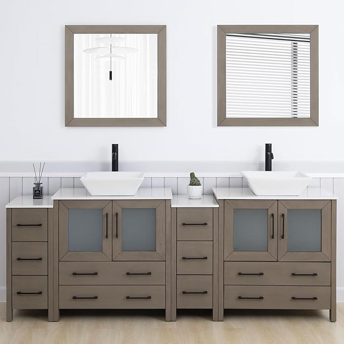 Vanity Art 84 Inch Vessel Double Sink Bathroom Vanity Cabinet with 2 Mirrors, Engineered Marble Top Bathroom Cabinet Compact Set with 10 Dovetail Drawers and Soft Closing Doors, VA3130-84DG