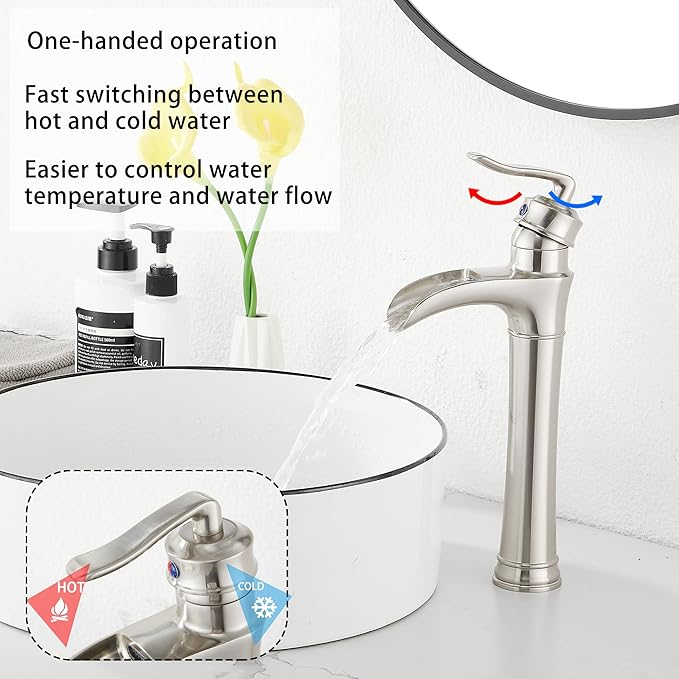 Waterfall Bathroom Faucet Brushed Nickel GGStudy Single Handle One Hole Tally Body Farmhouse Bathroom Vessel Sink Faucet Matching with Pop Up Drain