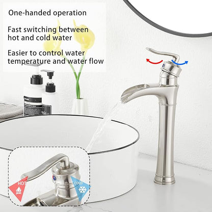Waterfall Bathroom Faucet Brushed Nickel GGStudy Single Handle One Hole Tally Body Farmhouse Bathroom Vessel Sink Faucet Matching with Pop Up Drain