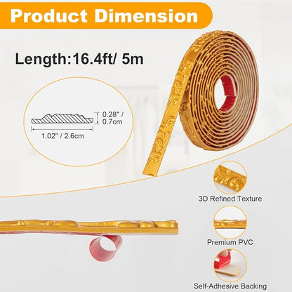3 Pack 16.4FT Gold Peel and Stick Crown Molding Trim Kit – Self-Adhesive Decorative Trim for Mirror Borders, Doors & Cabinets