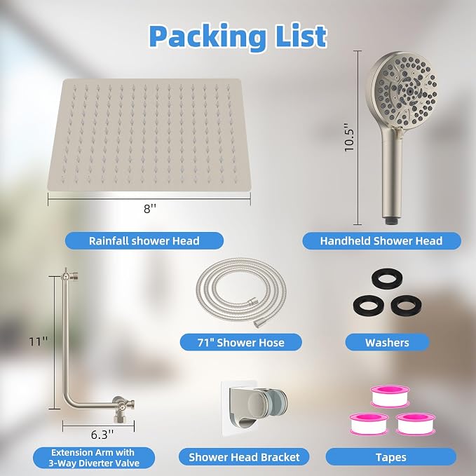 8" Metal Rainfall Shower Head with 10-Mode Handheld, Brushed Nickel | NSF/ANSI/CAN 372 Certified, High Pressure Showerhead Combo with 11" Adjustable Shower Arm, 71" Hose, Shower Head Holder