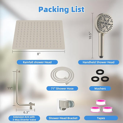 8" Metal Rainfall Shower Head with 10-Mode Handheld, Brushed Nickel | NSF/ANSI/CAN 372 Certified, High Pressure Showerhead Combo with 11" Adjustable Shower Arm, 71" Hose, Shower Head Holder