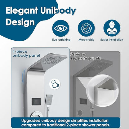 ROVOGO Shower Panel Tower System Unibody Design, Rain Mist Shower, Body Jets, Handheld and Tub Spout, No Battery Needed Led Lights and Temp Display, Shower Column 304 Stainless Steel Brushed
