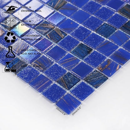 11.5 sq.ft Iridescent Cobalt Blue Glass Mosaic Tile for Bathroom, Pool | Waterproof Wall & Floor Tile. Heat & frost resistant outdoors. Mesh-mounted easy install. Use any grout. Easy clean. 10pcs.