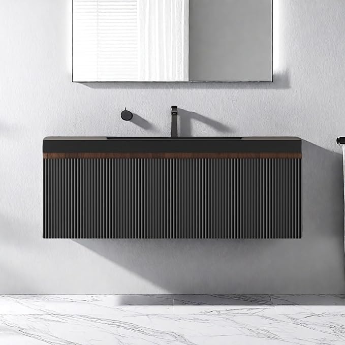 Wall Mounted Bathroom Sink Vanity, Modern 42" Floating Vanity with Resin Top Basin Sink and U-Shaped Soft-Close Storage Drawer, Striped Bathroom Storage Cabinet with Invisible Handle, Black