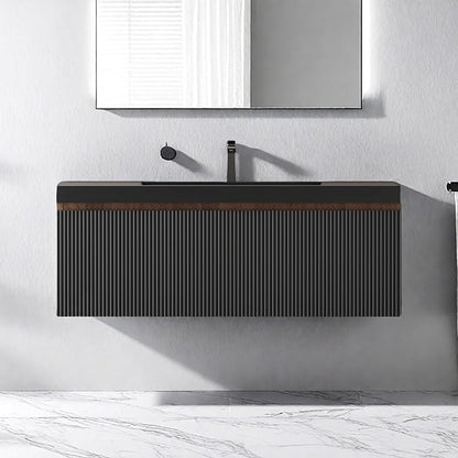 Wall Mounted Bathroom Sink Vanity, Modern 42" Floating Vanity with Resin Top Basin Sink and U-Shaped Soft-Close Storage Drawer, Striped Bathroom Storage Cabinet with Invisible Handle, Black