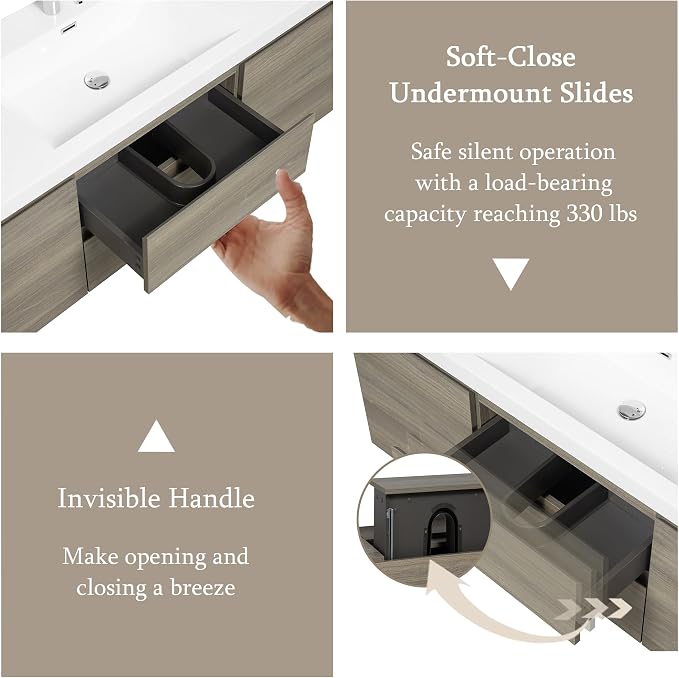 Floating Bathroom Vanity with Single Sink, 60" Wall-Mounted Bathroom Storage Vanity Cabinet with Resin Top Basin and Soft Close Drawers, No Assembly Required, Ash Grey