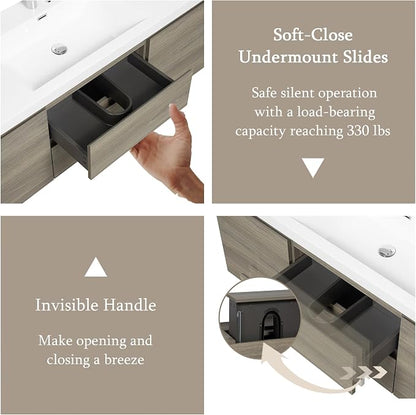 Floating Bathroom Vanity with Single Sink, 60" Wall-Mounted Bathroom Storage Vanity Cabinet with Resin Top Basin and Soft Close Drawers, No Assembly Required, Ash Grey