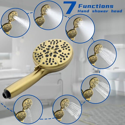 Dual Shower Faucet Set with Tub Spout Tub and Shower Faucet Set Complete Dual Shower Head and Handheld Combo Shower System with Tub Spout Tub and Shower Trim Kit Brushed Gold