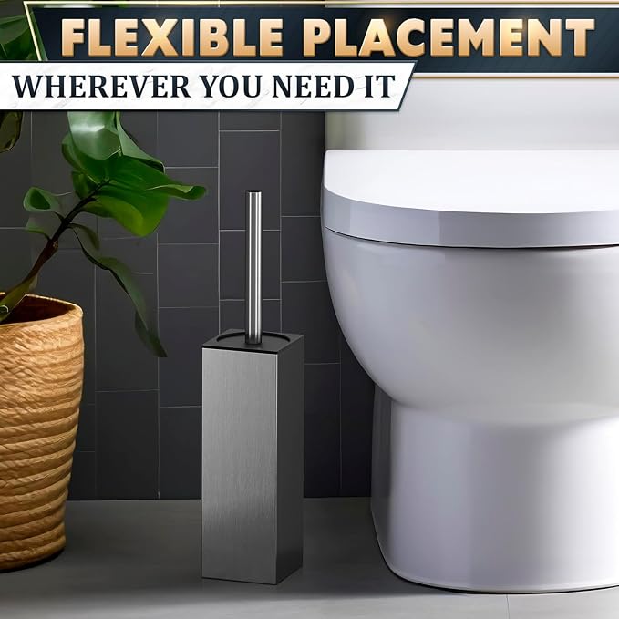 Silver Toilet Brush and Holder Set, Stainless Steel (Square) | Toilet Brush with Holder Set for Bathroom, Splash Protection & Dense Bristles for Bathroom Cleaning, Removable Inner Bowl