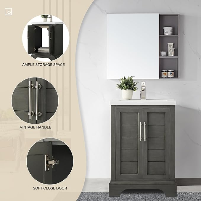 HOMEBEYOND 24 Inch Bathroom Vanity with Single Sink & Ceramic Top, Vanity Cabinet with Center Countertop Basin, Soft-Closing Doors,Sliver Grey