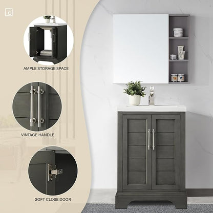 HOMEBEYOND 24 Inch Bathroom Vanity with Single Sink & Ceramic Top, Vanity Cabinet with Center Countertop Basin, Soft-Closing Doors,Sliver Grey