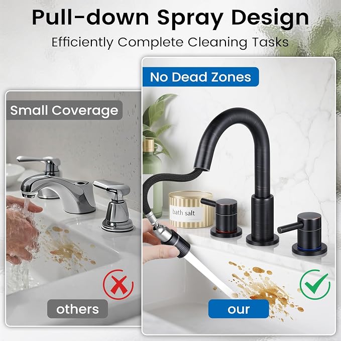 Pull-Down Bathroom Faucet 3 Hole 8 Inch with Pop-Up Drain,Oil Rubbed Bronze | 360° Swivel Spoutr & Dual Modes,8" Widespread 2-Handle, Pop-Up Drain & 10-Min Install for 3-Hole Bathroom Sink Faucets.