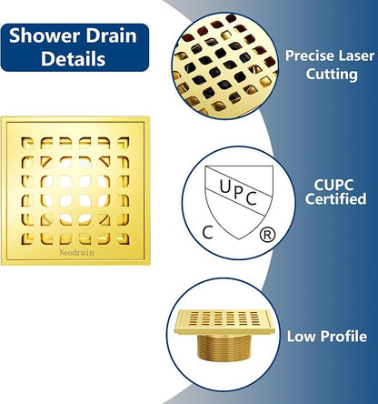 Neodrain 4" Gold Square Shower Drain, with Removable Grate/Drain Key | 304 Stainless Steel Floor Drain , PVC Bonding Flange Base with Anti-Wicking Fabric, For Low Profile Shower Pan