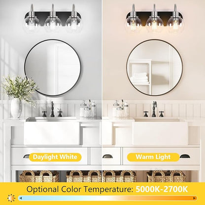 Modern 3-Light Vanity Light, Bathroom Lighting Fixture Over Mirror With Clear Glass Shade and Metal Base, Matte Black and Brushed Nickel
