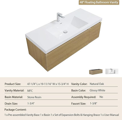 48'' Floating Bathroom Vanity with Sink Combo, Modern Wall-Mounted Striped Bathroom Storage Cabinet with Soft-Close Drawer and Glossy White Solid Surface Basin, Natural Oak, No Assembly Required