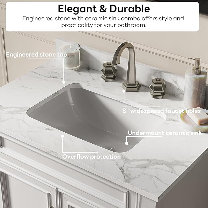 LIKIMIO 30" Bathroom Vanity with Sink, Freestanding Bathroom Vanity with 2 Soft-Close Doors, Engineered Stone Countertop & Undermount Ceramic Sink, Transitional Bathroom Vanity, Easy Assembly, White
