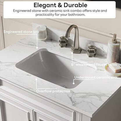 LIKIMIO 30" Bathroom Vanity with Sink, Freestanding Bathroom Vanity with 2 Soft-Close Doors, Engineered Stone Countertop & Undermount Ceramic Sink, Transitional Bathroom Vanity, Easy Assembly, White