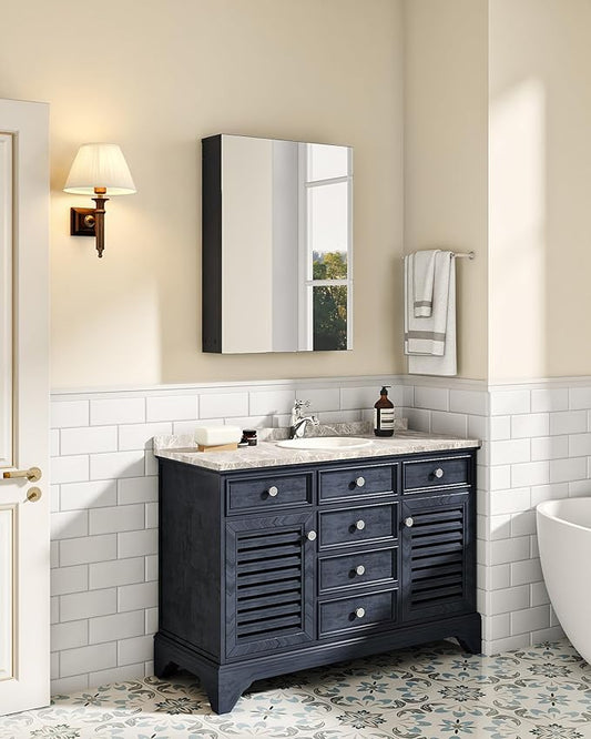 Bathroom Medicine Cabinet, Wall-Mounted Bathroom Vanity with Mirror, Bathroom Medicine Cabinet with Storage Function, Hanging Storage Cabinet, Adjustable Shelves, Black