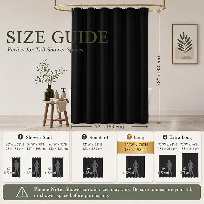 Seasonwood Black Linen Shower Curtain Farmhouse Bathroom Decor 72x78 Inches | Boho Bathroom Decor,12 Sturdy Stainless Steel Sliding Hangers,Rustic Country Style,Linen Shower Curtains for Bathroom