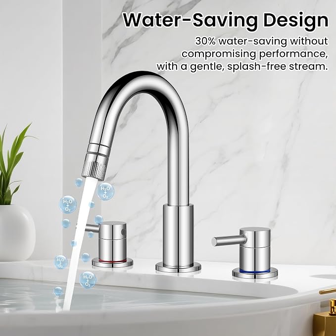 Pull-Down Bathroom Faucet 3 Hole 8 Inch with Pop-Up Drain,Chrome | 360° Swivel Spoutr & Dual Modes,8" Widespread 2-Handle, Pop-Up Drain & 10-Min Install for 3-Hole Bathroom Sink Faucets.