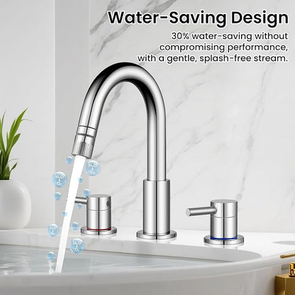 Pull-Down Bathroom Faucet 3 Hole 8 Inch with Pop-Up Drain,Chrome | 360° Swivel Spoutr & Dual Modes,8" Widespread 2-Handle, Pop-Up Drain & 10-Min Install for 3-Hole Bathroom Sink Faucets.