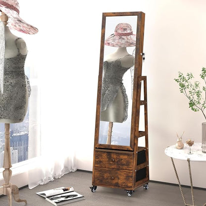 Rotating Jewelry Cabinet with Vanity Mirror Jewelry Armoire Lockable | Full Length Mirror with Storage Jewelry Organizer Standing Mirror with Drawers Wheels Christmas Gift for Girl Rustic Brown