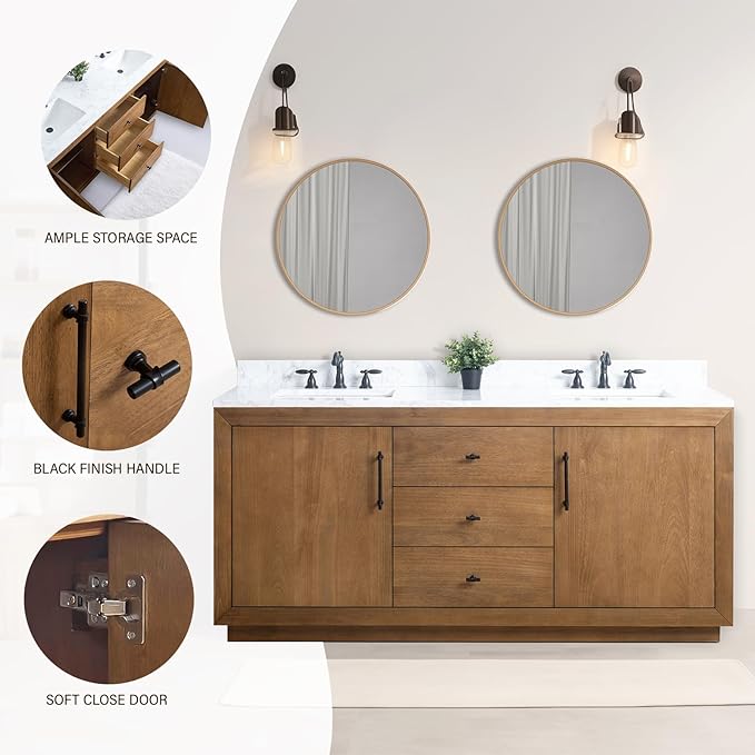 HOMEBEYOND 72" Bathroom Vanity with Double Sink & Ceramic Top, MDF Material Vanity Cabinet with Basin Combo, Soft-Closing Doors, Removable Shelf, Backsplash, Tan