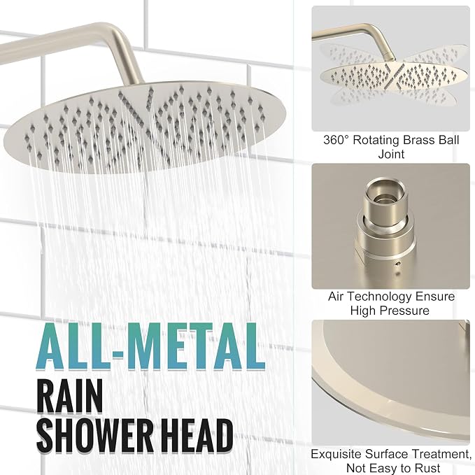 SR SUN RISE Shower Faucet - 12 Inch Multifunctional High Pressure Shower Head System with Handheld Shower Head Fixtures - Valve Included - Brushed Nickel