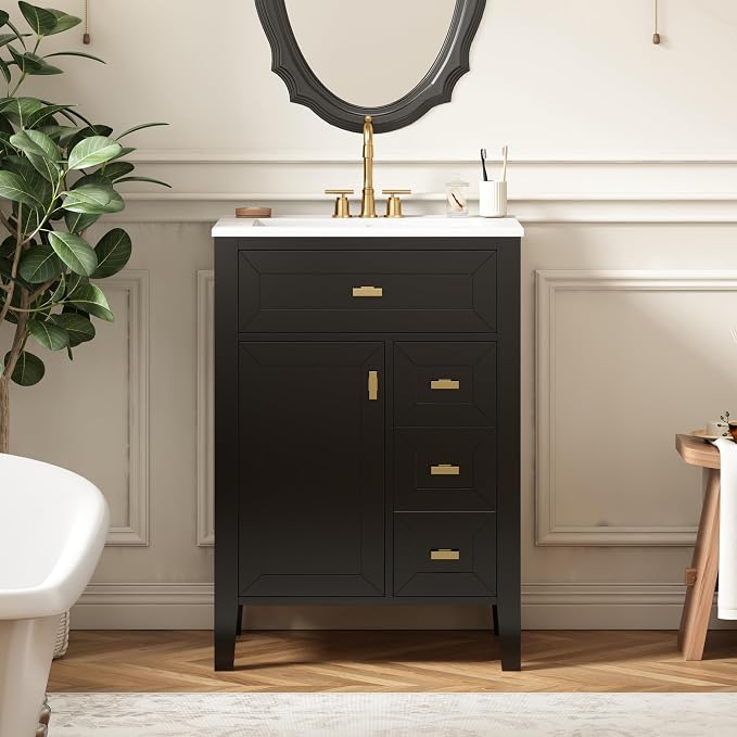 Merax 24 Inch Bathroom Vanities with Undermount Ceramic Sink, Tip-Over Drawer and Side Drawers, Soft Closing Door with Shelf, Solid Wood Frame, Black