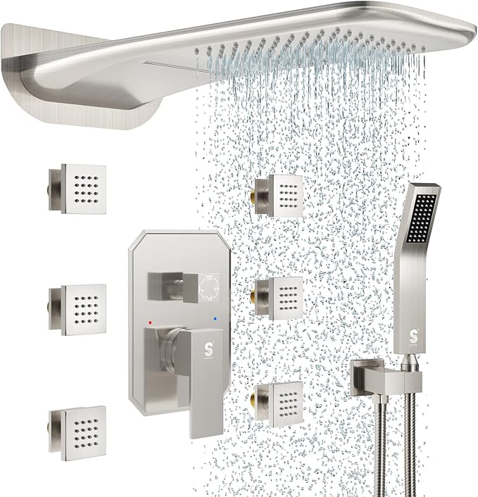 4-Function Waterfall Shower System with Body Jets, SR SUN RISE Full Body Rainfall Shower System with Handheld Shower Faucet Complete Sets, Wall Mounted Shower Fixture Set for Bathroom, Brushed Nickel