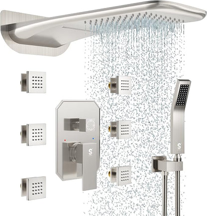 4-Function Waterfall Shower System with Body Jets, SR SUN RISE Full Body Rainfall Shower System with Handheld Shower Faucet Complete Sets, Wall Mounted Shower Fixture Set for Bathroom, Brushed Nickel