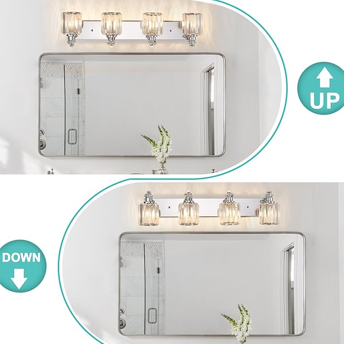 Chrome Bathroom Light Fixtures with K9 Crystal Lampshade Bathroom Lighting Over Mirror Vanity Lights for Living Room,Bedroom,Restroom,Hallway 4 Lights