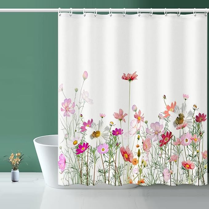 Flower Shower Curtain - Waterproof Bathroom Fabric Shower Curtain, 72" W x 72" L, Cloth with 12 Hooks