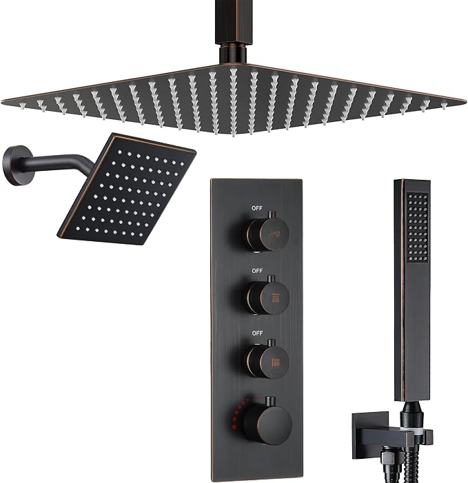 Thermostatic Dual Rainfall Head Oil Rubbed Bronze Shower System | Ceiling Mounted Full Body Shower Faucet Set with Thermostatic Valve for Couples/ 2-Person，16“+6”Shower Head & handheld