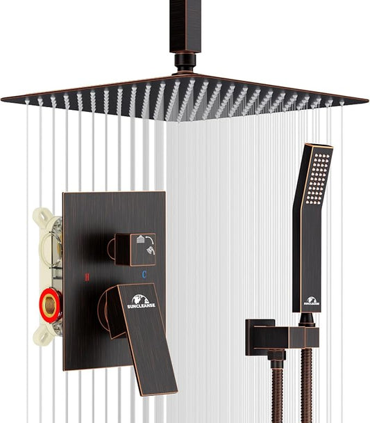 SunCleanse Rainfall Shower System with High Pressure in Oil Rubbed Bronze | Ceiling mounted shower combo set featuring a 12" square rain head, handheld spray, and rough-in mixer valve with trim.