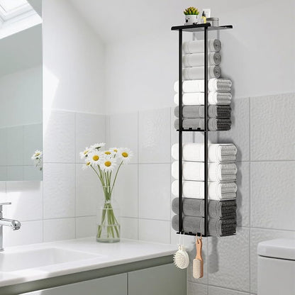 Towel Racks for Bathroom, 36.6 inch Metal Towel Storage, 8 Large Bath Towels Capacity, 3-Tier Towel Holder for Bathroom, with Shelf & 6 Hooks, Wall Mounted Towel Rack for Rolled Towels, Black