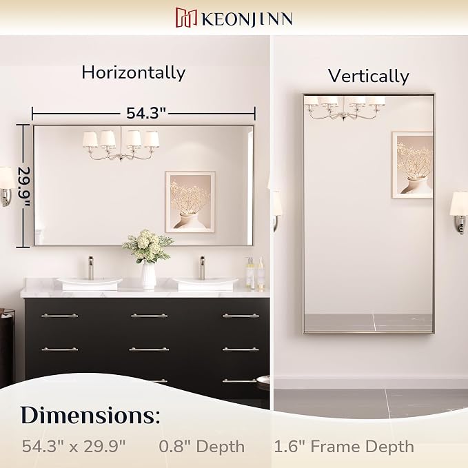 Keonjinn 55x30 Inch Nickel Bathroom Mirror for Over Sink, Rectangular | HD Tempered Glass, Vanity Mirror, Brushed Framed, Square Corner, Modern Farmhouse, Wall Mounted Mirrors, Aluminum Alloy