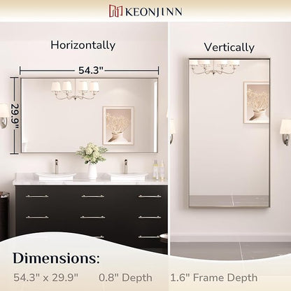 Keonjinn 55x30 Inch Nickel Bathroom Mirror for Over Sink, Rectangular | HD Tempered Glass, Vanity Mirror, Brushed Framed, Square Corner, Modern Farmhouse, Wall Mounted Mirrors, Aluminum Alloy
