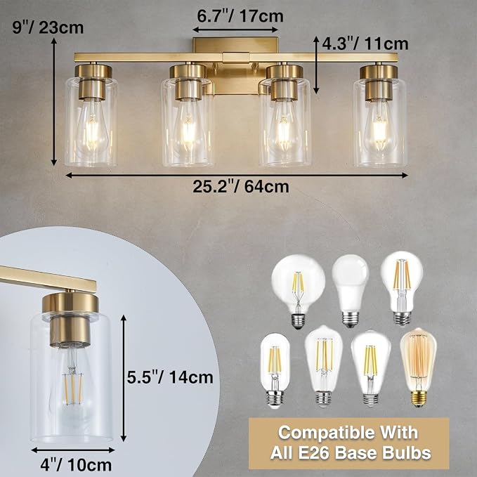 4-Light Bathroom Light Fixtures, Gold Modern Vanity Lights Over Mirror, Bathroom Wall Sconces with Clear Glass Shade for Living Room Bedroom Hallway Cabinet Porch
