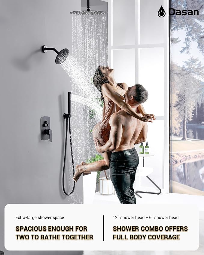 Dasan Rainfall Full Body Shower Faucet System with 12'' Round Shower & 6'' Shower Head,Matte Black Dual Shower Head Faucets Set with Handheld & Valve, Double Shower Head System for Couples/ 2-Person