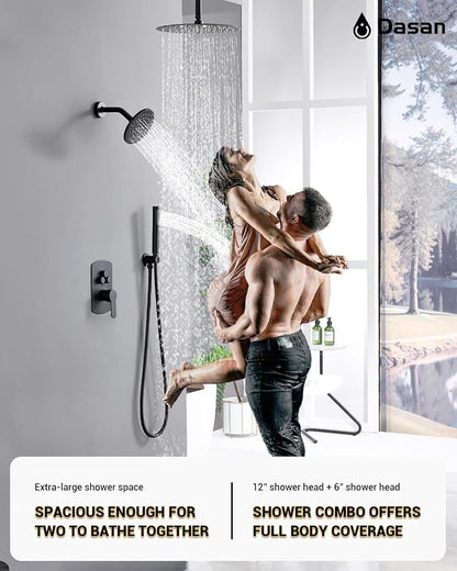 Dasan Rainfall Full Body Shower Faucet System with 12'' Round Shower & 6'' Shower Head,Matte Black Dual Shower Head Faucets Set with Handheld & Valve, Double Shower Head System for Couples/ 2-Person