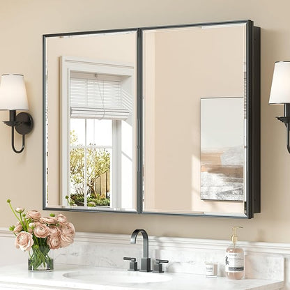 Keonjinn 40” x 30” Black Bathroom Medicine Cabinets with Mirror Recessed or Surface Wall-Mounted Aluminum Alloy Framed Beveled Mirror with Soft Close Hinge, 2 Doors Modern Bathroom Mirror with Storage