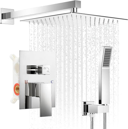 Chrome Shower Faucet Set, 10 inch Rain Shower System with Pressure Balance Valve, Wall Mounted 2-Functions Bathroom Shower Systems with Rain Shower and Handheld Spray Shower Trim Included