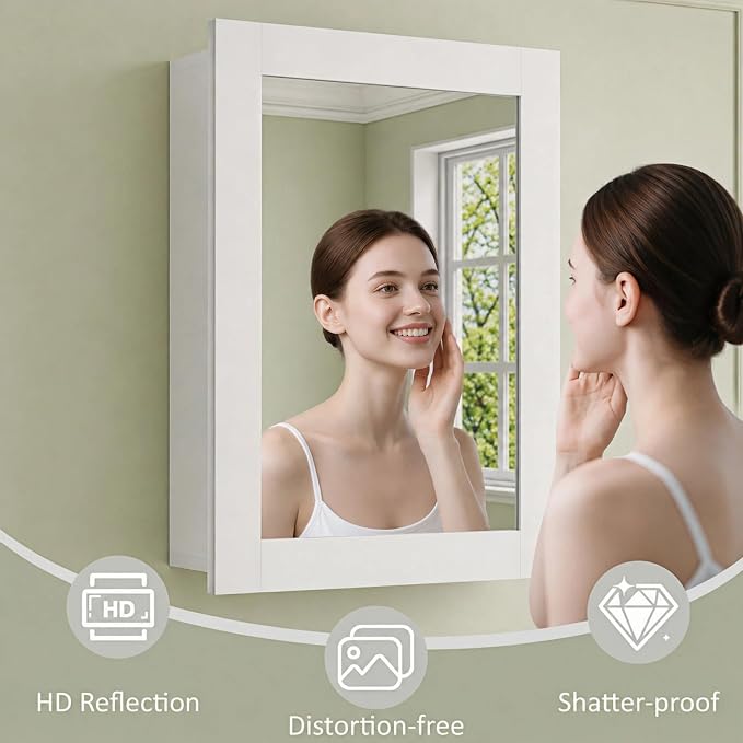 Buruis 24 x 30 Inch Bathroom Wood Medicine Cabinet Mirror, White | Fully Assembled Design, Adjustable Glass Shelves, Soft-Close Hinges, Bathroom Storage Organizer, Left/Right Opening