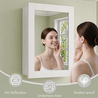 Buruis 24 x 30 Inch Bathroom Wood Medicine Cabinet Mirror, White | Fully Assembled Design, Adjustable Glass Shelves, Soft-Close Hinges, Bathroom Storage Organizer, Left/Right Opening