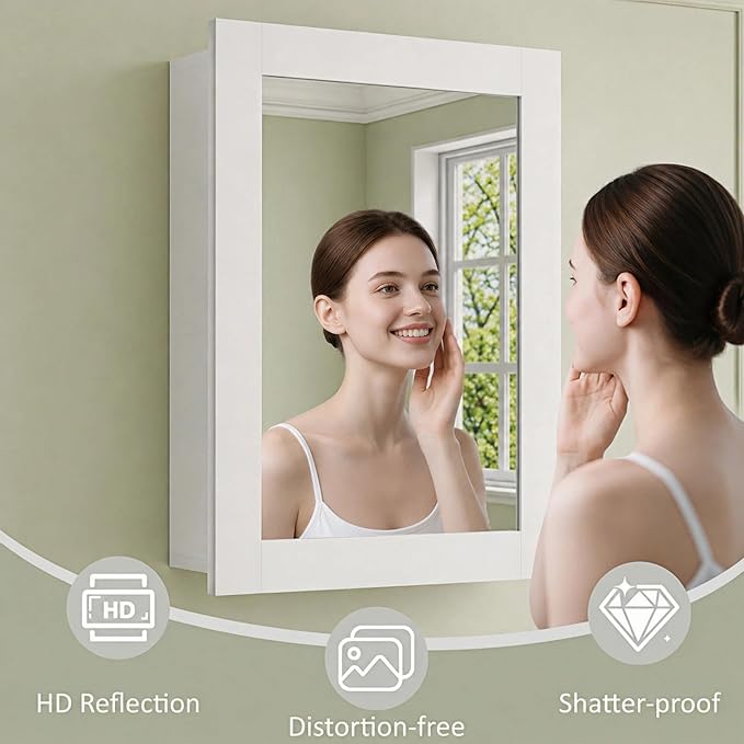 Buruis 20 x 28 Inch Bathroom Wood Medicine Cabinet Mirror, White | Fully Assembled Design, Adjustable Glass Shelves, Soft-Close Hinges, Bathroom Storage Organizer, Left/Right Opening